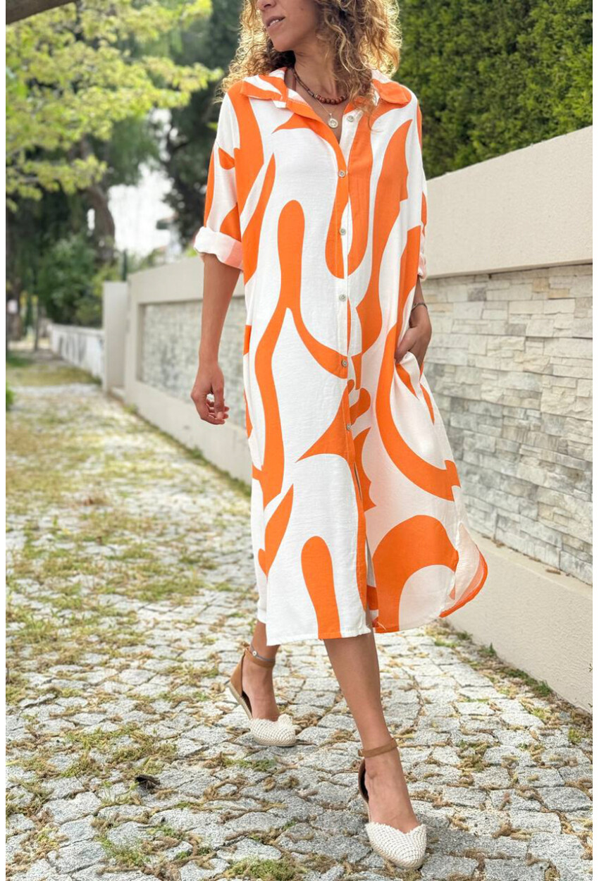 İtalyan Turuncu-Beyaz Geometrik Desenli Cepli Pamuklu Salaş Dokuma Gömlek Elbise 110 60
