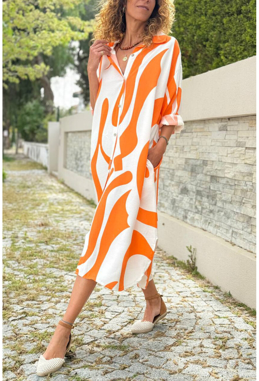 İtalyan Turuncu-Beyaz Geometrik Desenli Cepli Pamuklu Salaş Dokuma Gömlek Elbise 110 60