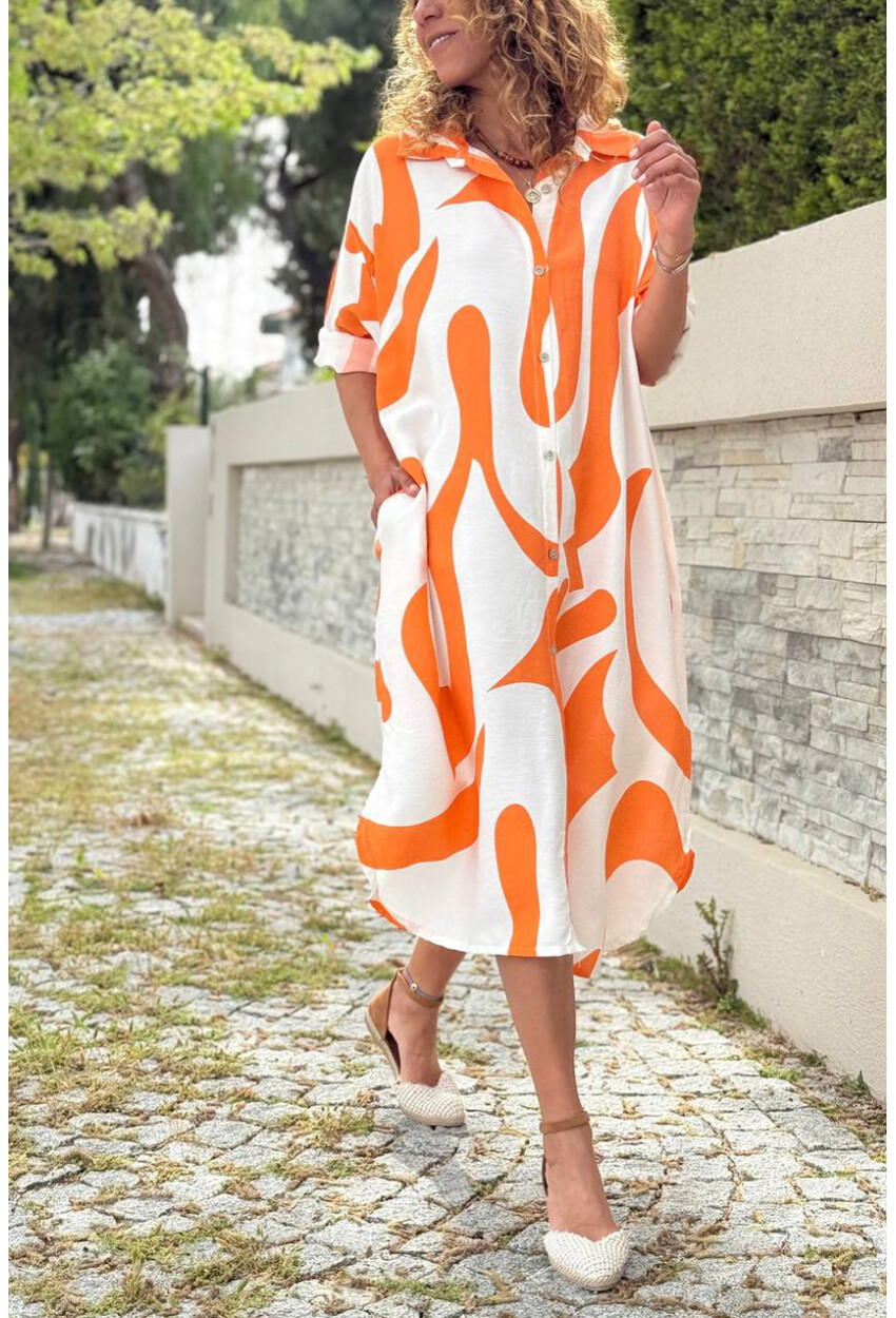 İtalyan Turuncu-Beyaz Geometrik Desenli Cepli Pamuklu Salaş Dokuma Gömlek Elbise 110 60