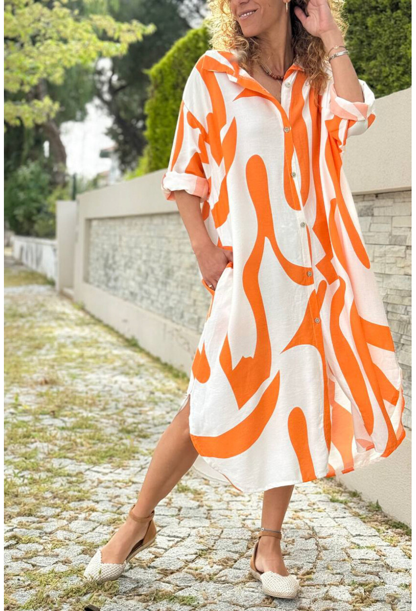 İtalyan Turuncu-Beyaz Geometrik Desenli Cepli Pamuklu Salaş Dokuma Gömlek Elbise 110 60