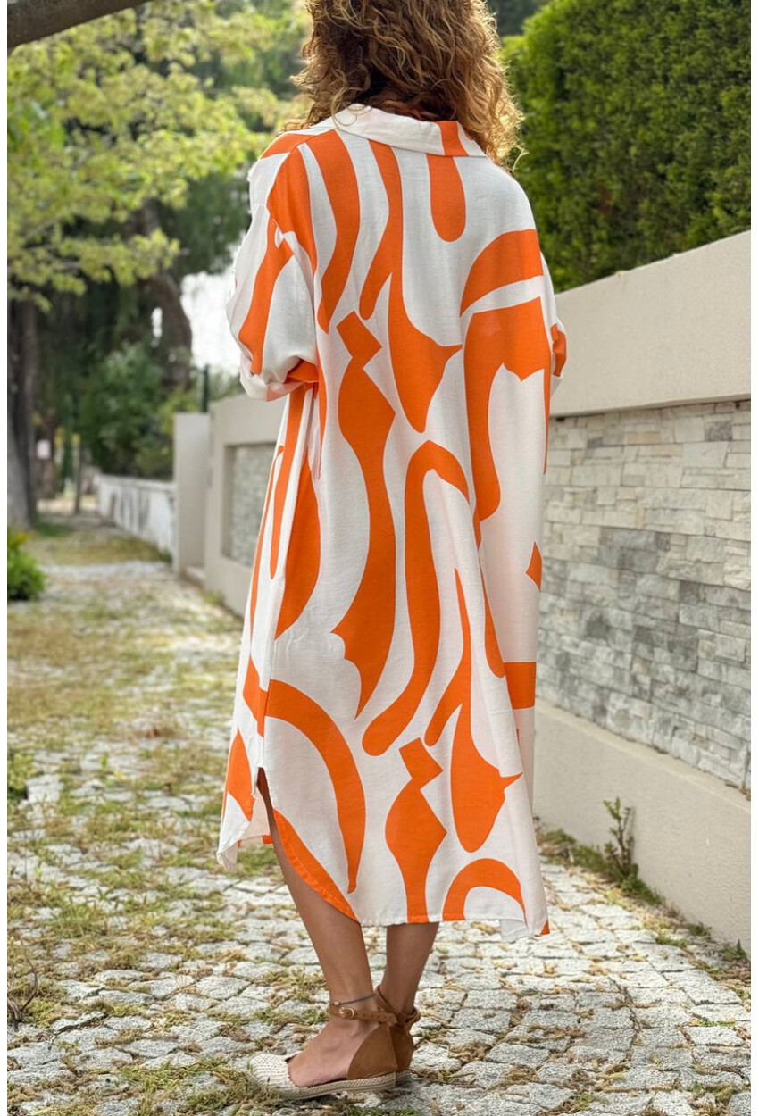 İtalyan Turuncu-Beyaz Geometrik Desenli Cepli Pamuklu Salaş Dokuma Gömlek Elbise 110 60