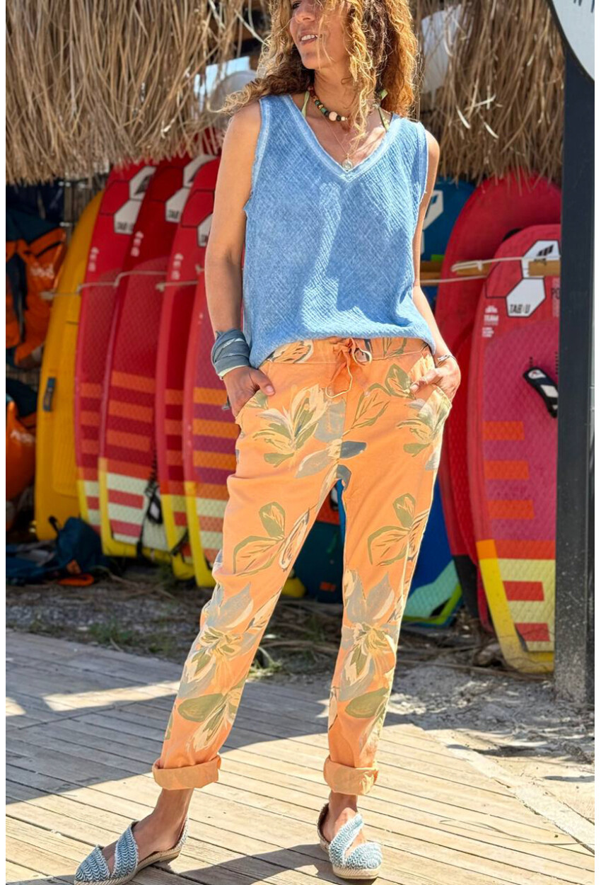 İtalyan Turuncu Çiçekli Lastikli Bel Duble Paça Pamuklu Dokuma Pantolon 100 35