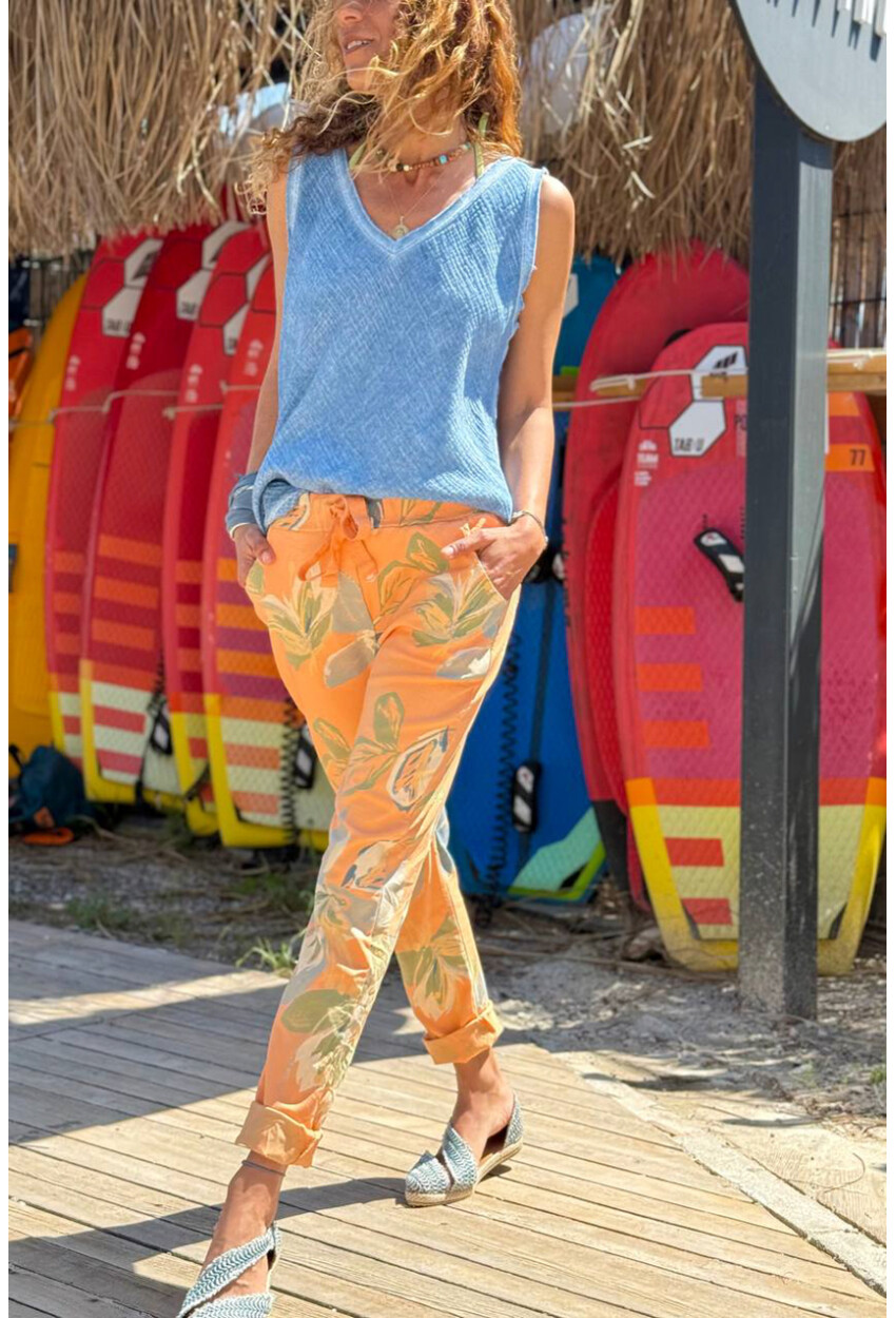 İtalyan Turuncu Çiçekli Lastikli Bel Duble Paça Pamuklu Dokuma Pantolon 100 35