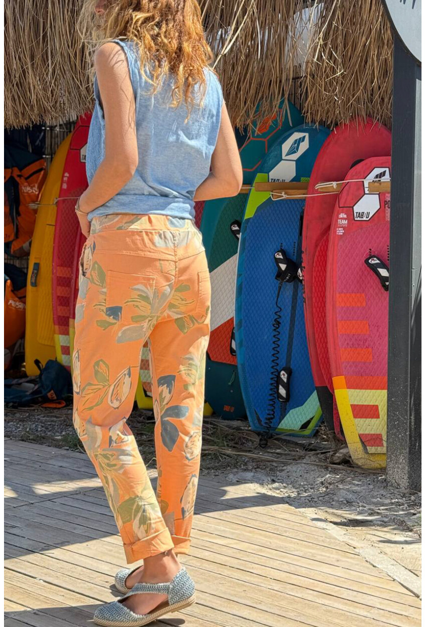İtalyan Turuncu Çiçekli Lastikli Bel Duble Paça Pamuklu Dokuma Pantolon 100 35