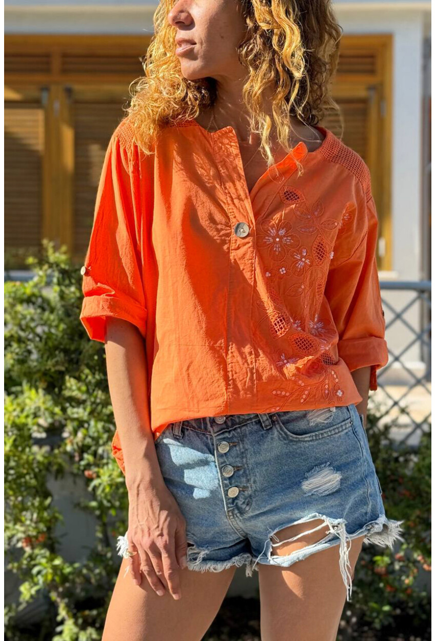 İtalyan Turuncu Düğmeli Yaka Yıkamalı Omzu Fileli Pul Payet Aplikeli Salaş Dokuma Bluz 70 55