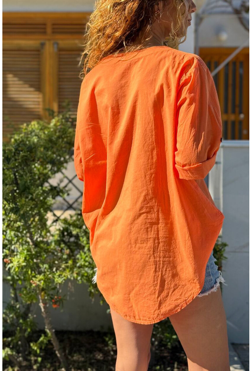 İtalyan Turuncu Düğmeli Yaka Yıkamalı Omzu Fileli Pul Payet Aplikeli Salaş Dokuma Bluz 70 55
