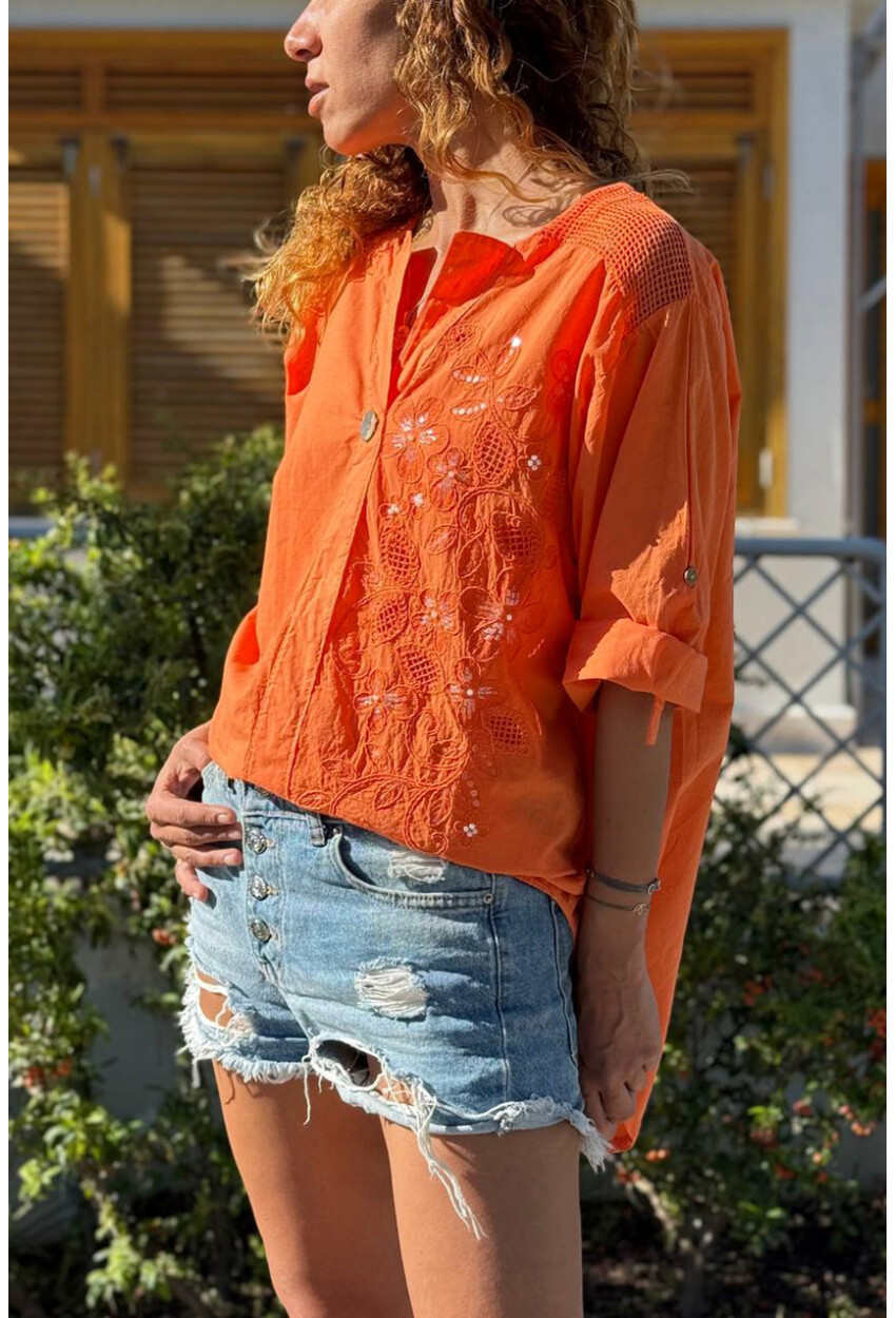 İtalyan Turuncu Düğmeli Yaka Yıkamalı Omzu Fileli Pul Payet Aplikeli Salaş Dokuma Bluz 70 55