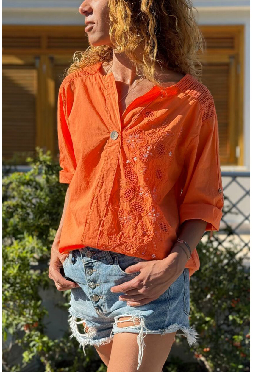 İtalyan Turuncu Düğmeli Yaka Yıkamalı Omzu Fileli Pul Payet Aplikeli Salaş Dokuma Bluz 70 55