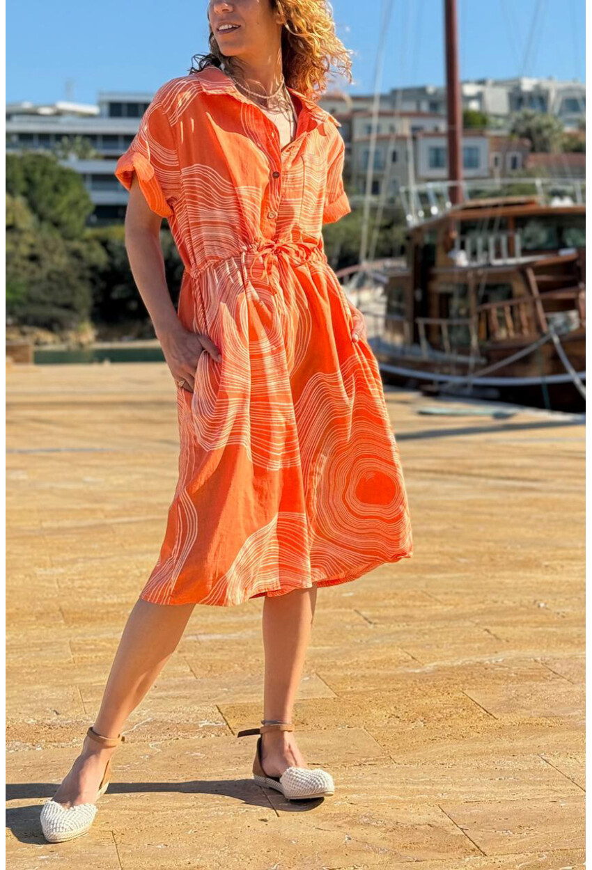 İtalyan Turuncu Gömlek Yaka Geometrik Desenli Cepli Lastikli Bel Keten Salaş Dokuma Elbise 110 60