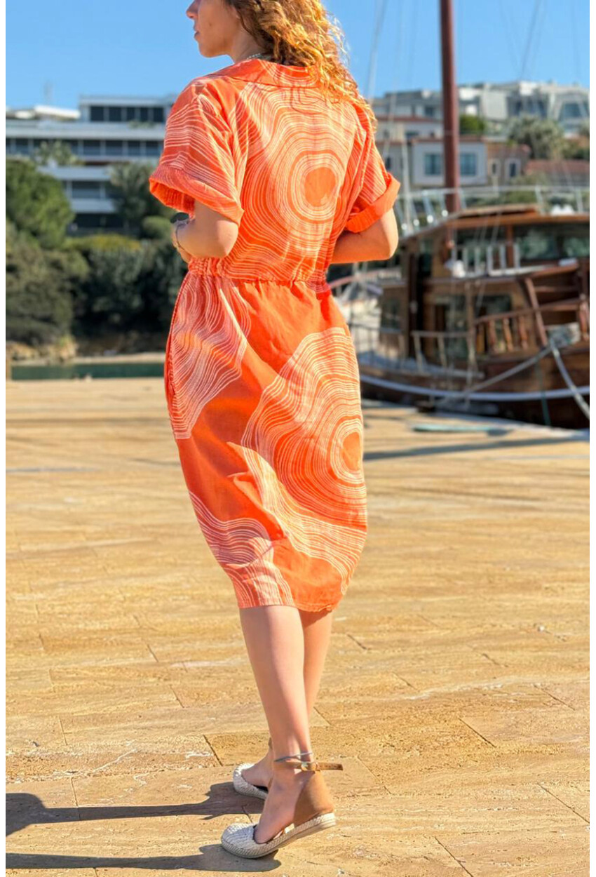 İtalyan Turuncu Gömlek Yaka Geometrik Desenli Cepli Lastikli Bel Keten Salaş Dokuma Elbise 110 60