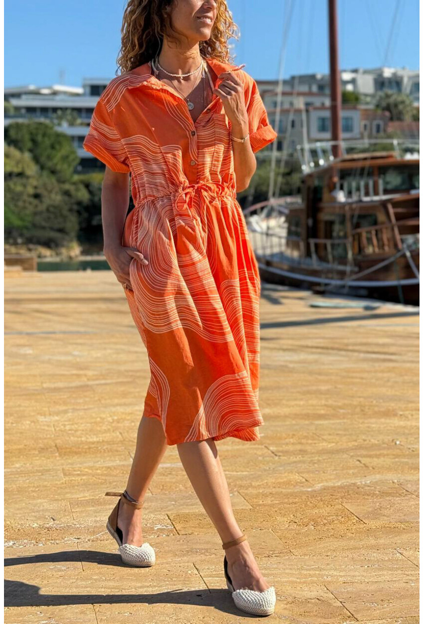 İtalyan Turuncu Gömlek Yaka Geometrik Desenli Cepli Lastikli Bel Keten Salaş Dokuma Elbise 110 60