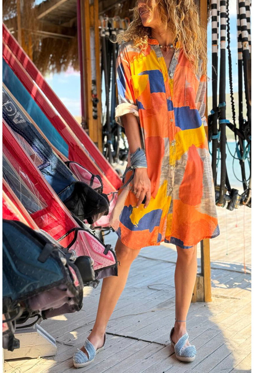 İtalyan Turuncu-Sarı-Lacivert Hakim Yaka Geometrik Desenli Pamuklu Salaş Dokuma Gömlek Elbise 100 55