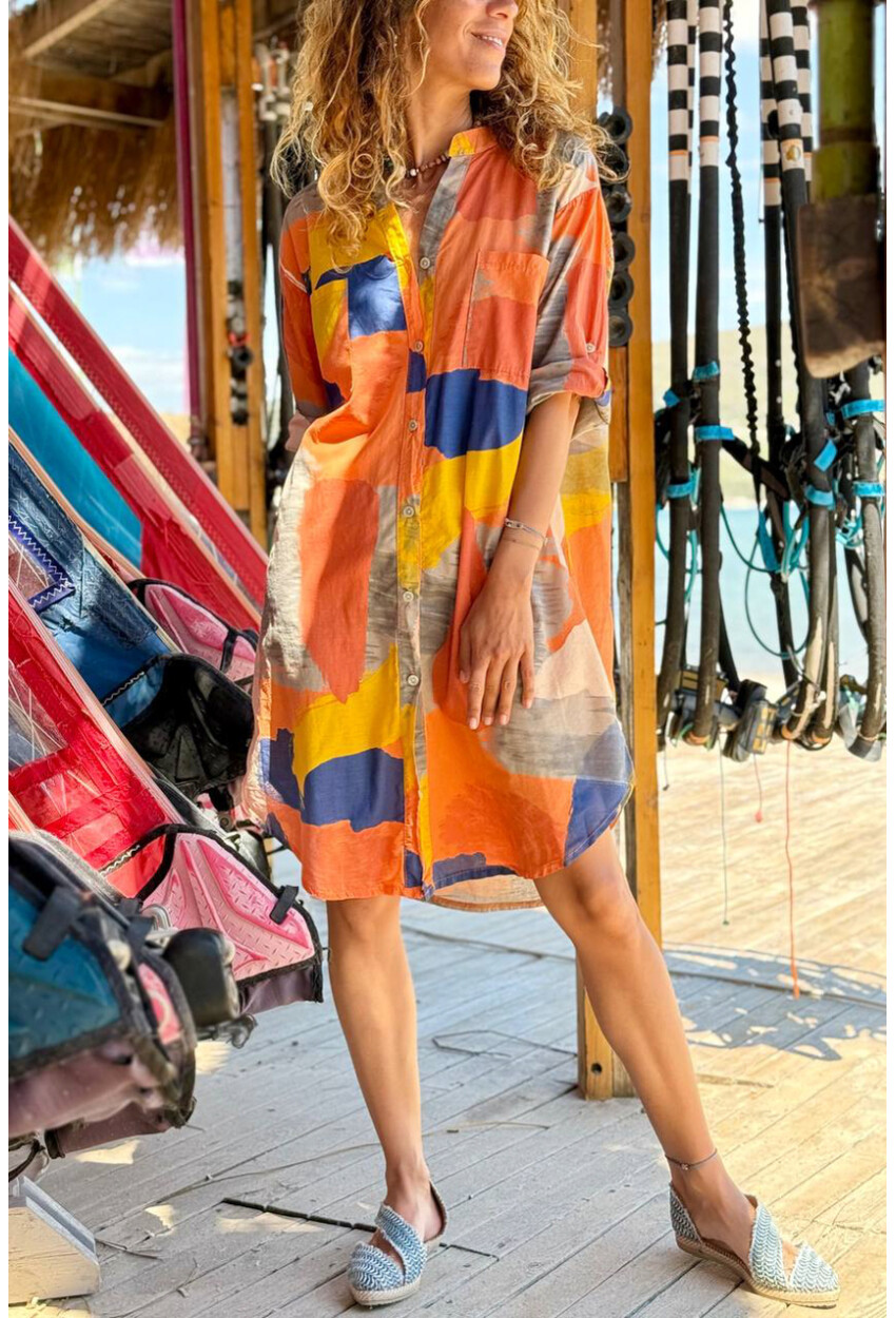 İtalyan Turuncu-Sarı-Lacivert Hakim Yaka Geometrik Desenli Pamuklu Salaş Dokuma Gömlek Elbise 100 55