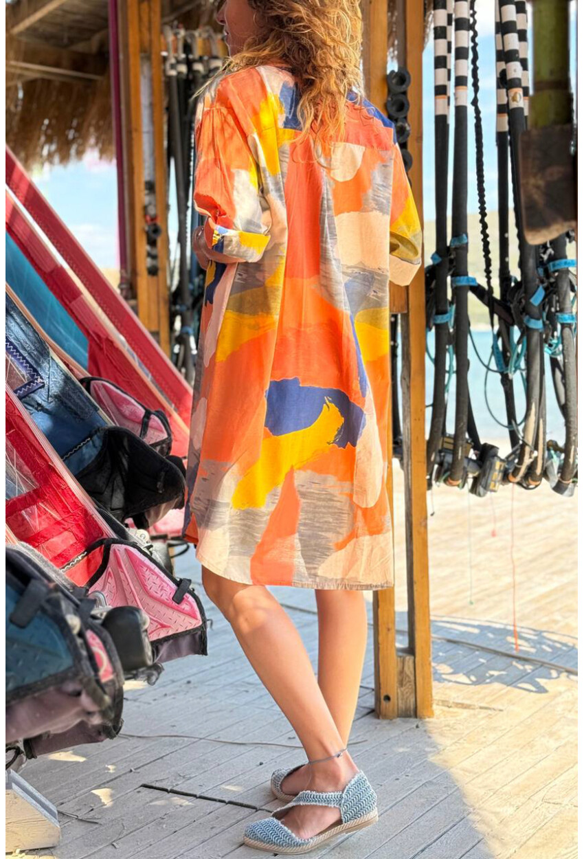 İtalyan Turuncu-Sarı-Lacivert Hakim Yaka Geometrik Desenli Pamuklu Salaş Dokuma Gömlek Elbise 100 55