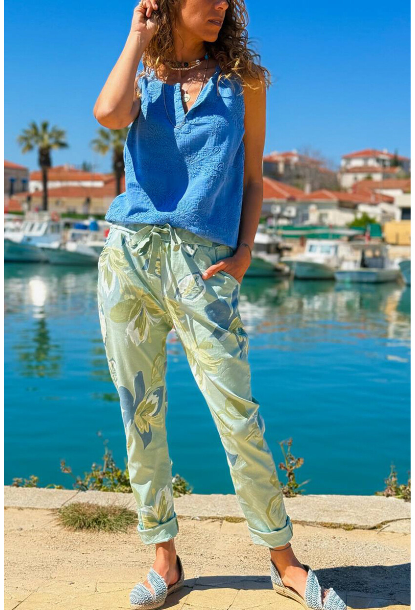 İtalyan Yeşil Çiçekli Lastikli Bel Duble Paça Pamuklu Dokuma Pantolon 100 35