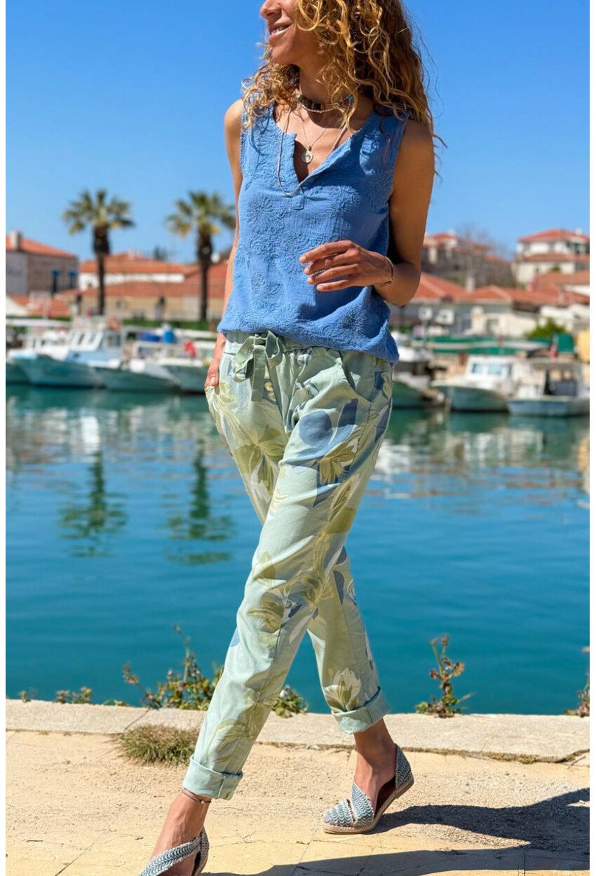 İtalyan Yeşil Çiçekli Lastikli Bel Duble Paça Pamuklu Dokuma Pantolon 100 35