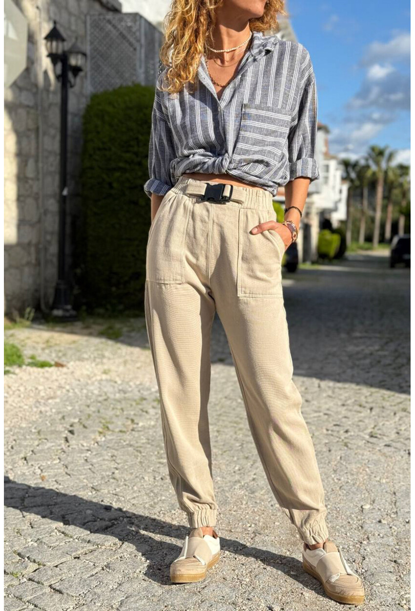 Kadın Bej Rengi Kemeri Tokalı Beli Paçası Lastikli Cepli Kargo Pantolon 90 30
