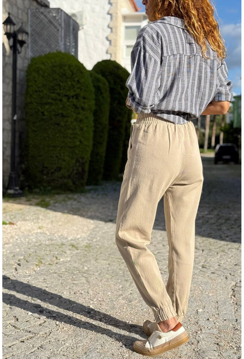 Kadın Bej Rengi Kemeri Tokalı Beli Paçası Lastikli Cepli Kargo Pantolon 90 30