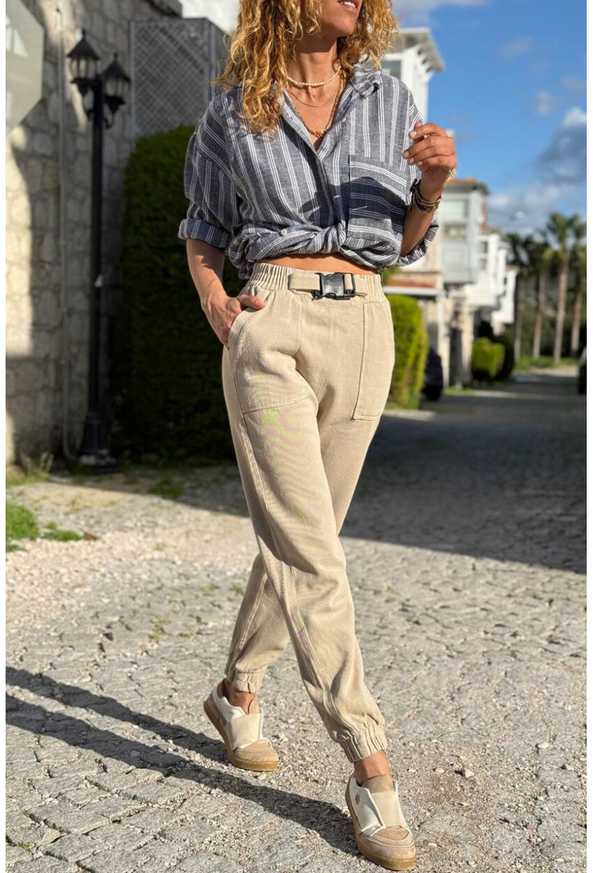 Kadın Bej Rengi Kemeri Tokalı Beli Paçası Lastikli Cepli Kargo Pantolon 90 30