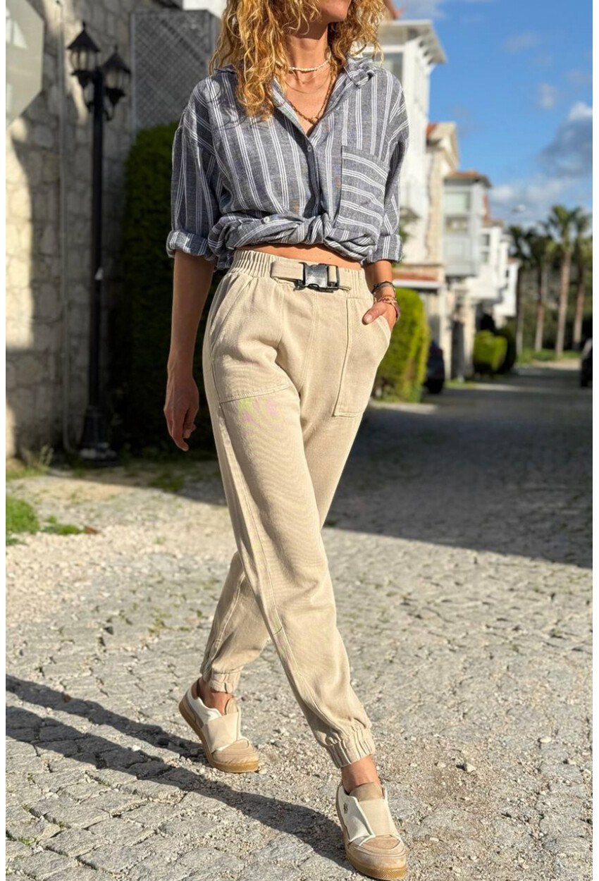 Kadın Bej Rengi Kemeri Tokalı Beli Paçası Lastikli Cepli Kargo Pantolon 90 30