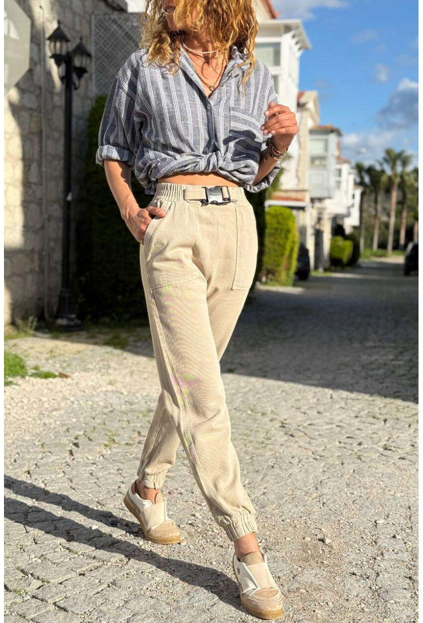 Kadın Bej Rengi Kemeri Tokalı Beli Paçası Lastikli Cepli Kargo Pantolon 90 30