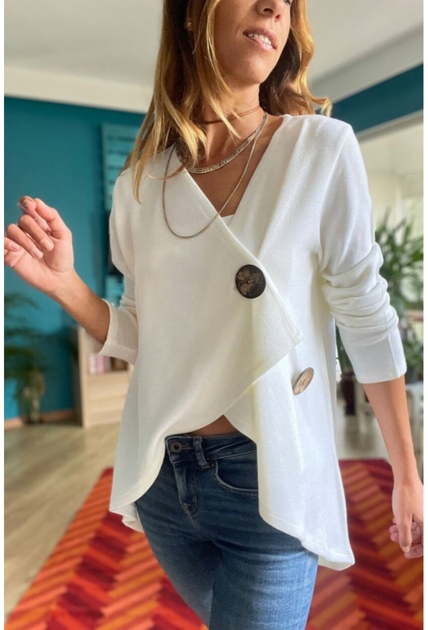 Kadın Beyaz Şal Yaka Asimetrik Kesim Düğmeli Salaş Hırka Bst3328