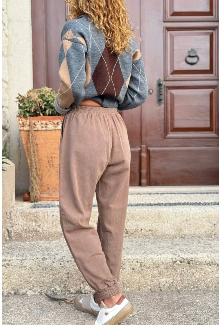 Kadın Bronz Rengi Kemeri Tokalı Beli Paçası Lastikli Cepli Kargo Pantolon 90 30