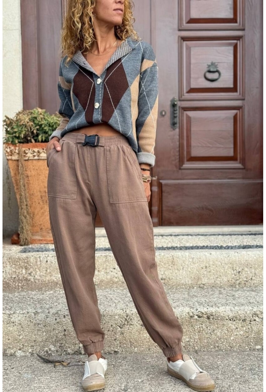 Kadın Bronz Rengi Kemeri Tokalı Beli Paçası Lastikli Cepli Kargo Pantolon 90 30