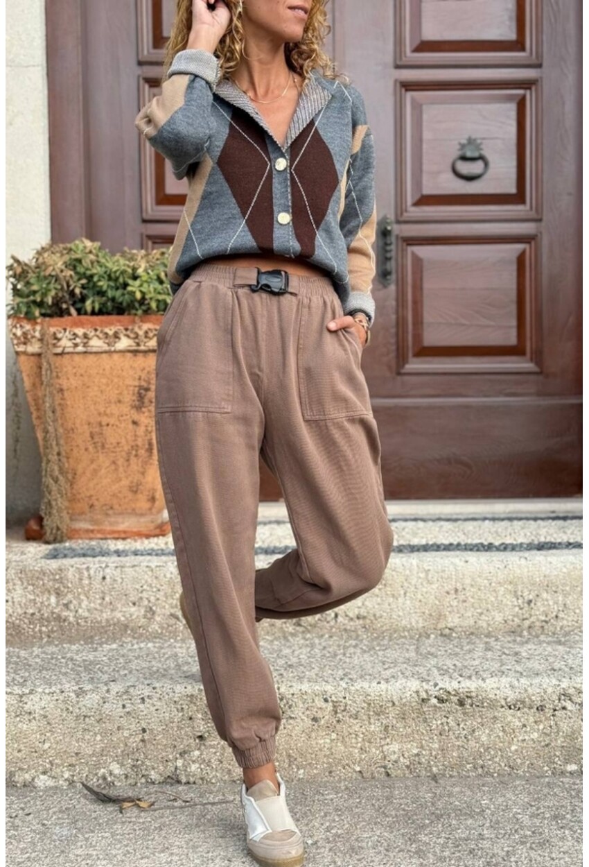 Kadın Bronz Rengi Kemeri Tokalı Beli Paçası Lastikli Cepli Kargo Pantolon 90 30