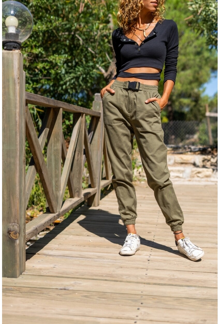 Kadın Haki Kemeri Tokalı Beli Paçası Lastikli Cepli Kargo Pantolon 1St2