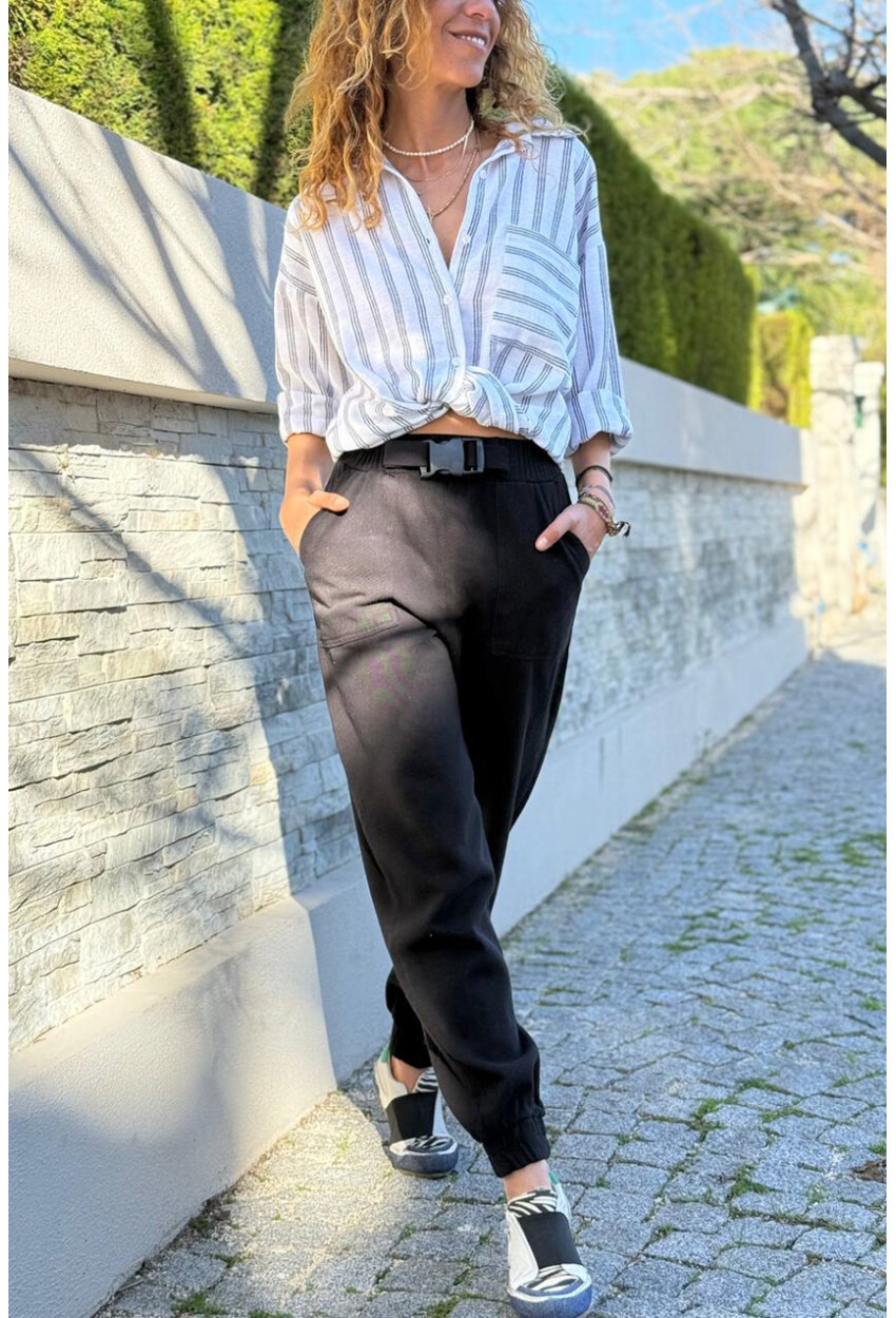 Kadın Siyah Rengi Kemeri Tokalı Beli Paçası Lastikli Cepli Kargo Pantolon 90 30