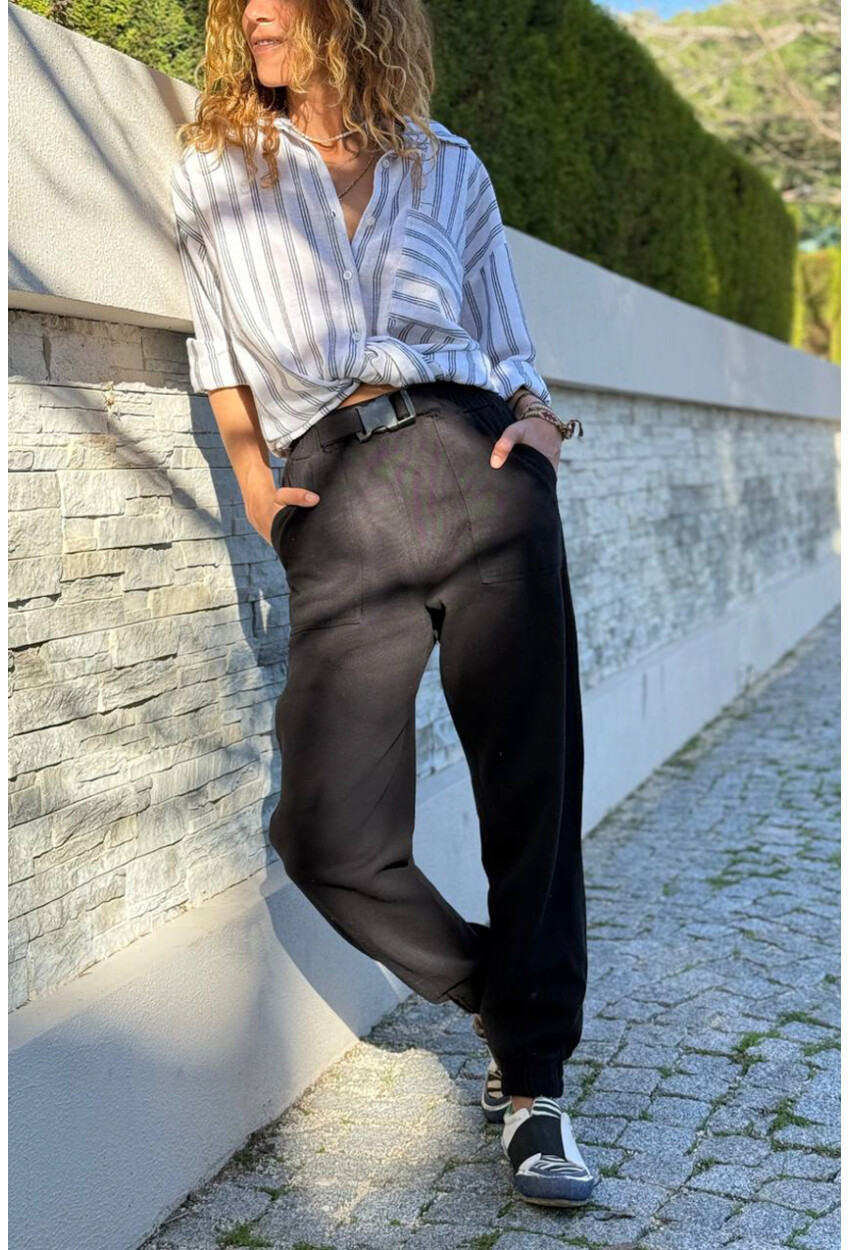 Kadın Siyah Rengi Kemeri Tokalı Beli Paçası Lastikli Cepli Kargo Pantolon 90 30