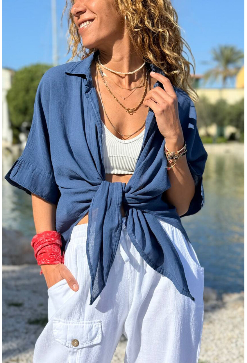 Lacivert Bağlamalı Pamuklu Arkası Uzun Crop Dokuma Bluz 70 45