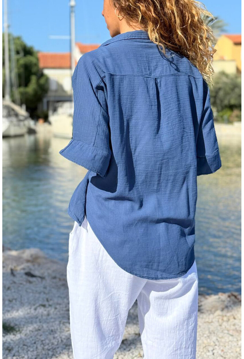 Lacivert Bağlamalı Pamuklu Arkası Uzun Crop Dokuma Bluz 70 45