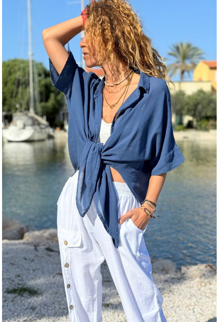 Lacivert Bağlamalı Pamuklu Arkası Uzun Crop Dokuma Bluz 70 45