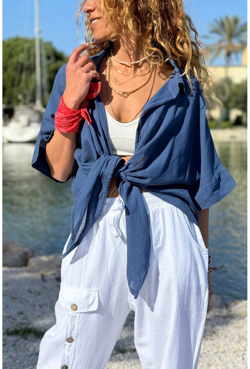 Lacivert Bağlamalı Pamuklu Arkası Uzun Crop Dokuma Bluz 70 45