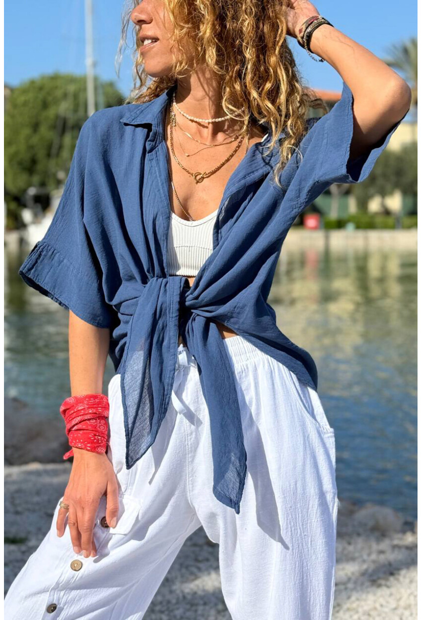 Lacivert Bağlamalı Pamuklu Arkası Uzun Crop Dokuma Bluz 70 45