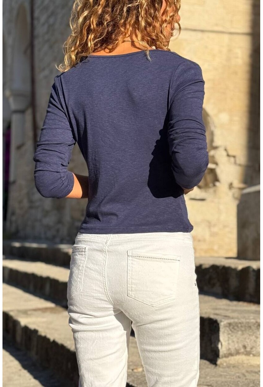 Lacivert Degaje Yaka Yumuşak Dokulu Ribana Pamuklu Triko Bluz 35 50