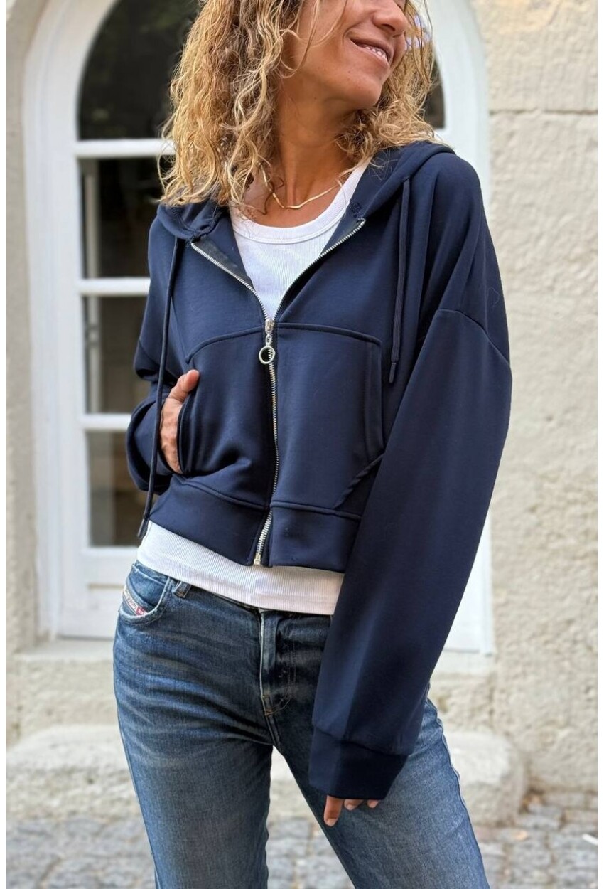 Lacivert Kapüşonlu Fermuarlı Kanguru Cepli Yumuşak Dokulu Pamuklu Örme Sweatshirt 45 50