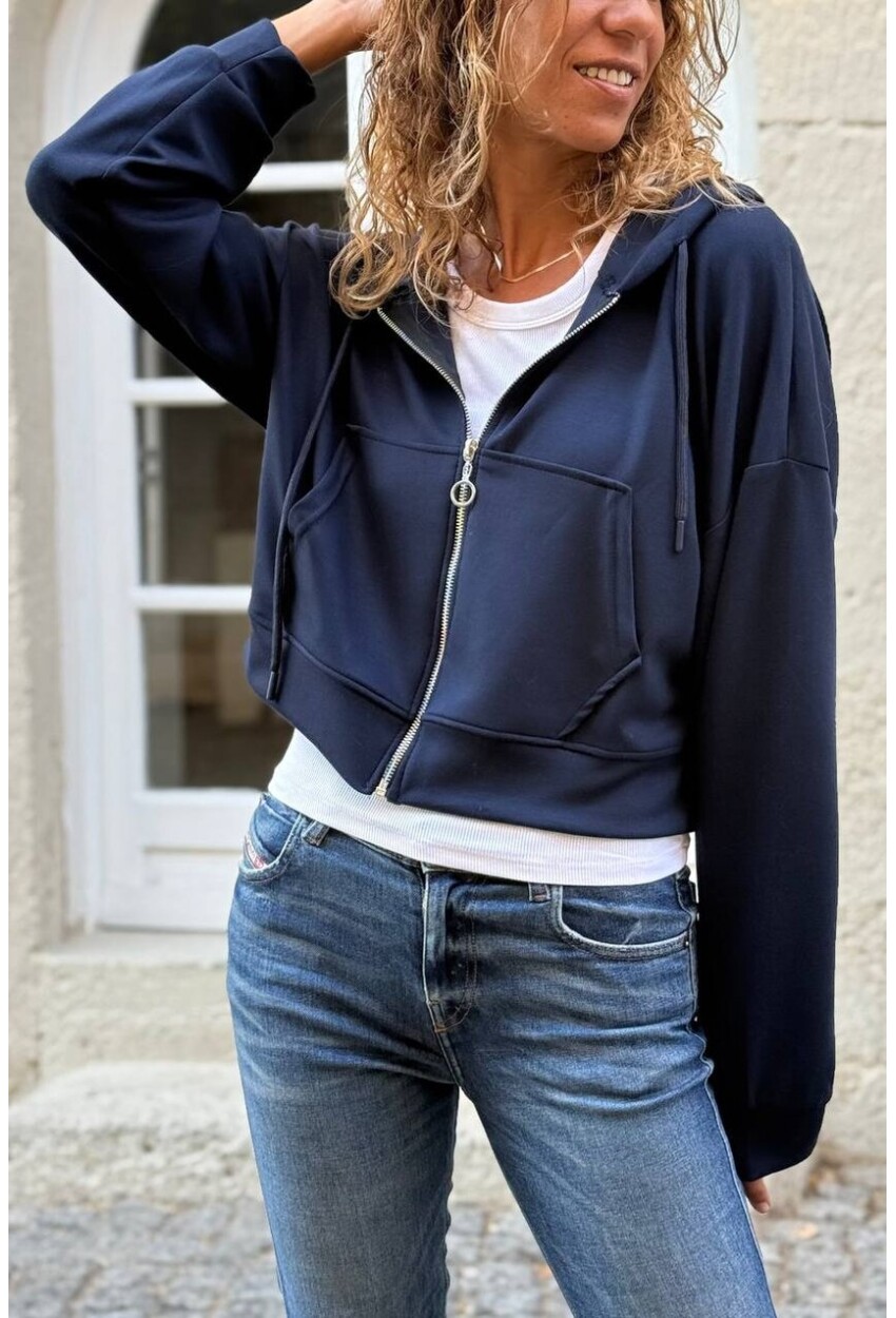 Lacivert Kapüşonlu Fermuarlı Kanguru Cepli Yumuşak Dokulu Pamuklu Örme Sweatshirt 45 50