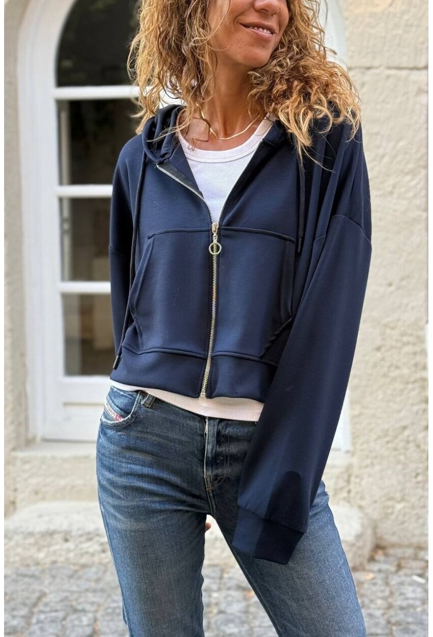 Lacivert Kapüşonlu Fermuarlı Kanguru Cepli Yumuşak Dokulu Pamuklu Örme Sweatshirt 45 50