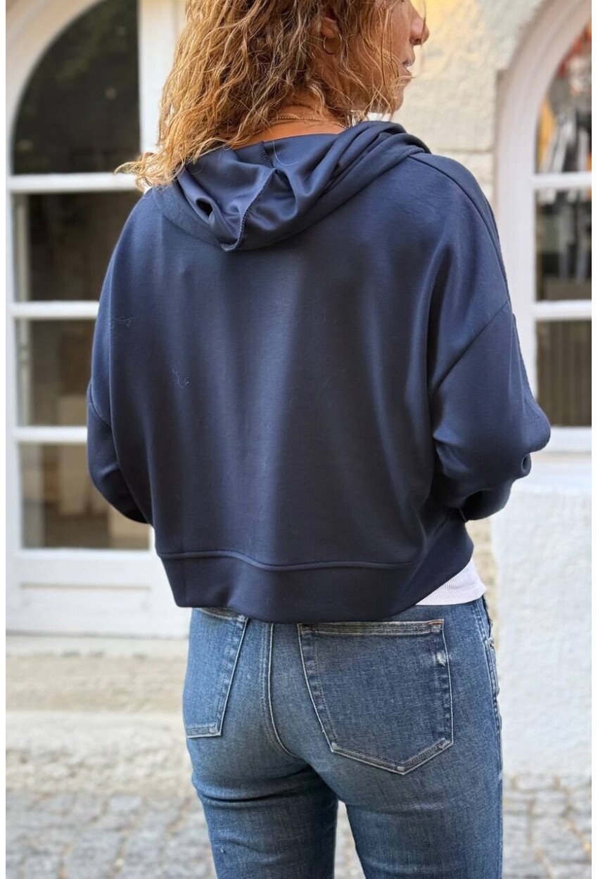 Lacivert Kapüşonlu Fermuarlı Kanguru Cepli Yumuşak Dokulu Pamuklu Örme Sweatshirt 45 50
