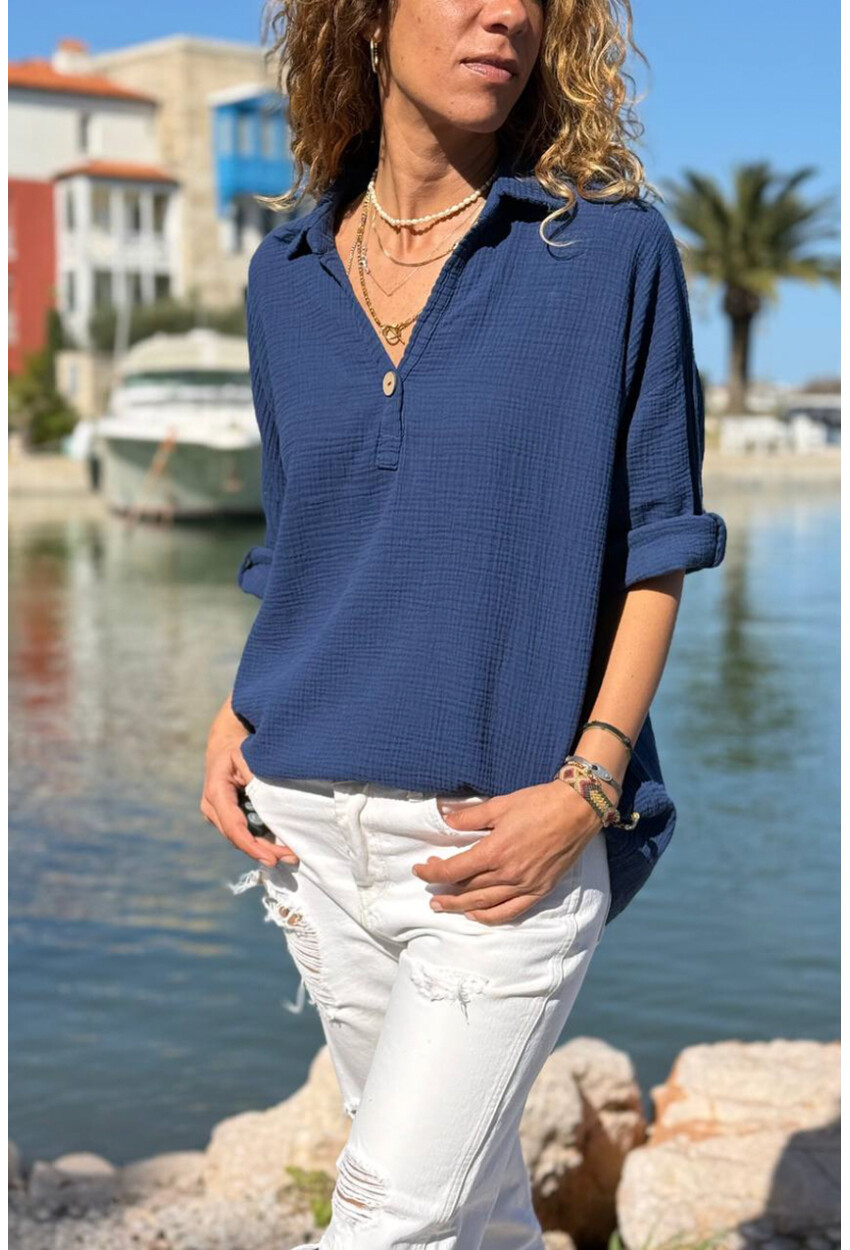 Lacivert Yarım Patlı Süs Düğmeli Pamuklu Salaş Dokuma Bluz 65 55
