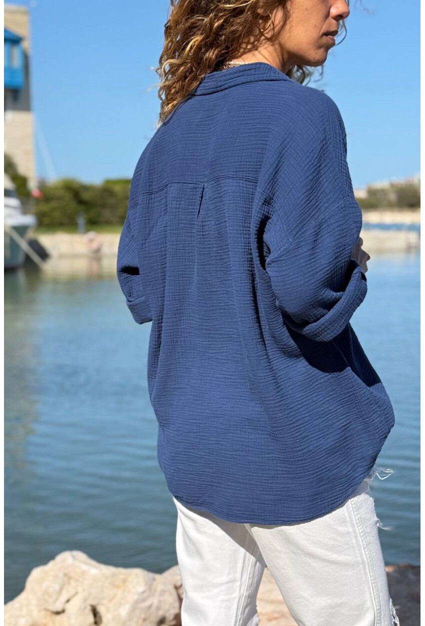 Lacivert Yarım Patlı Süs Düğmeli Pamuklu Salaş Dokuma Bluz 65 55