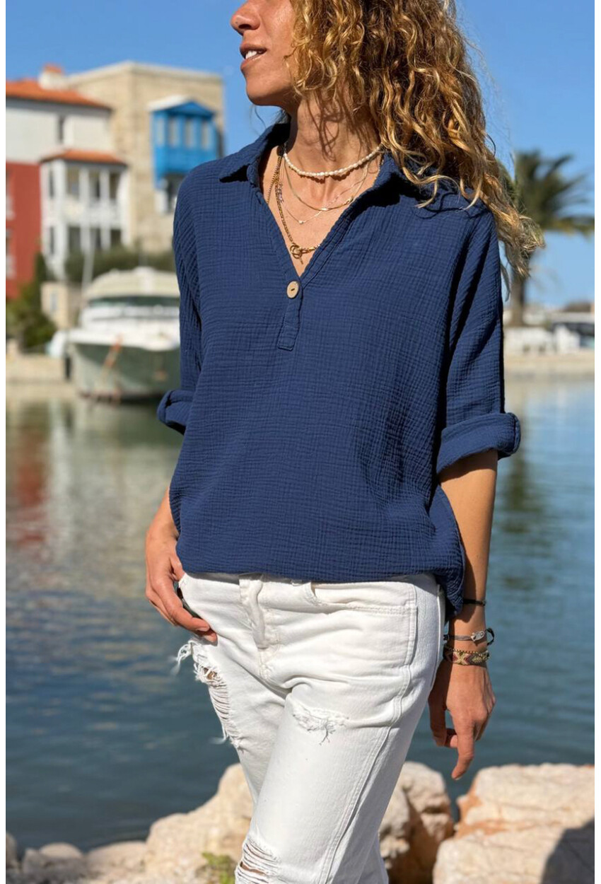 Lacivert Yarım Patlı Süs Düğmeli Pamuklu Salaş Dokuma Bluz 65 55