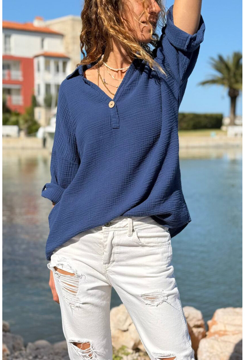 Lacivert Yarım Patlı Süs Düğmeli Pamuklu Salaş Dokuma Bluz 65 55