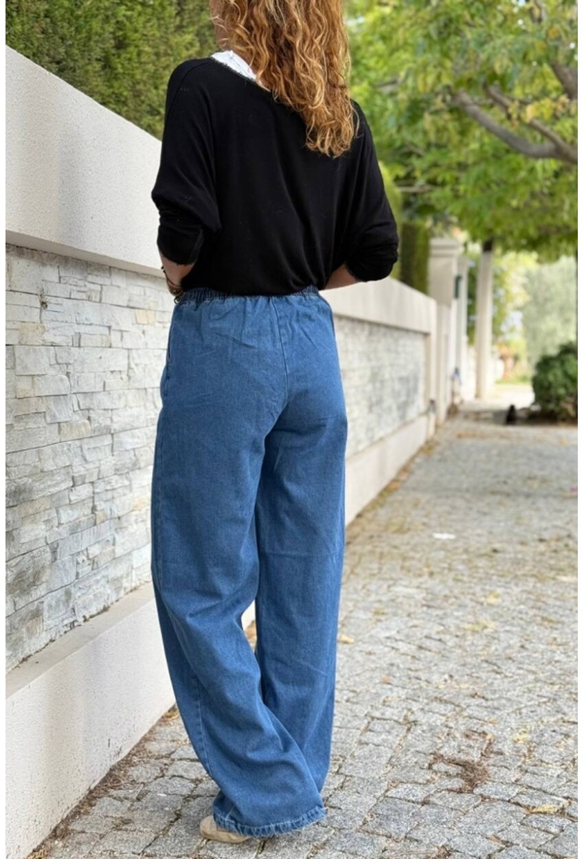 Mavi Beli Lastikli Bol Paça Cepli Yıkamalı Kot Pantolon 100 30
