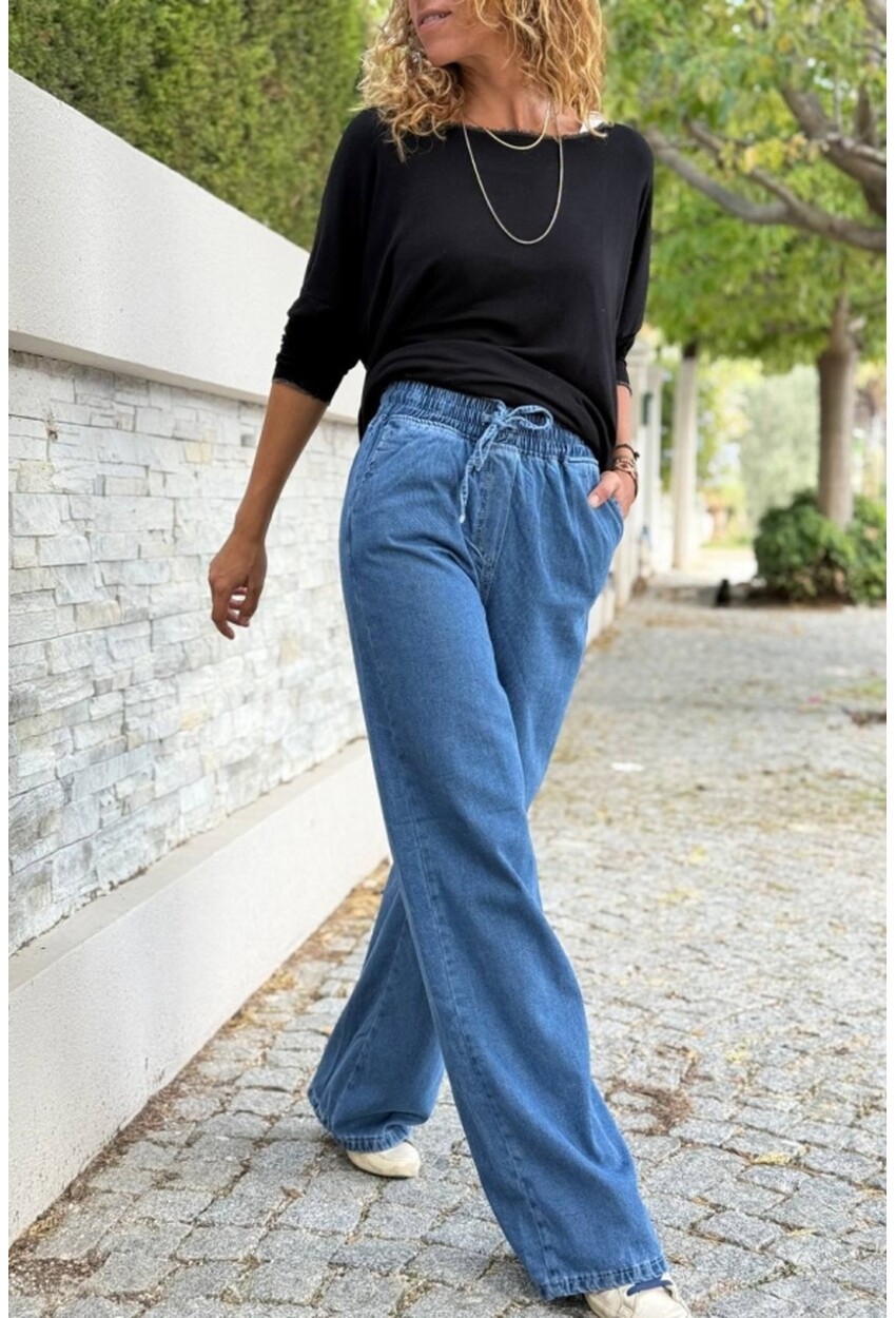 Mavi Beli Lastikli Bol Paça Cepli Yıkamalı Kot Pantolon 100 30