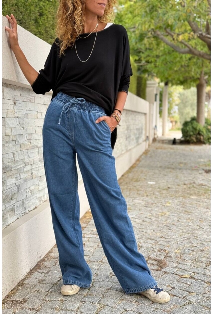 Mavi Beli Lastikli Bol Paça Cepli Yıkamalı Kot Pantolon 100 30