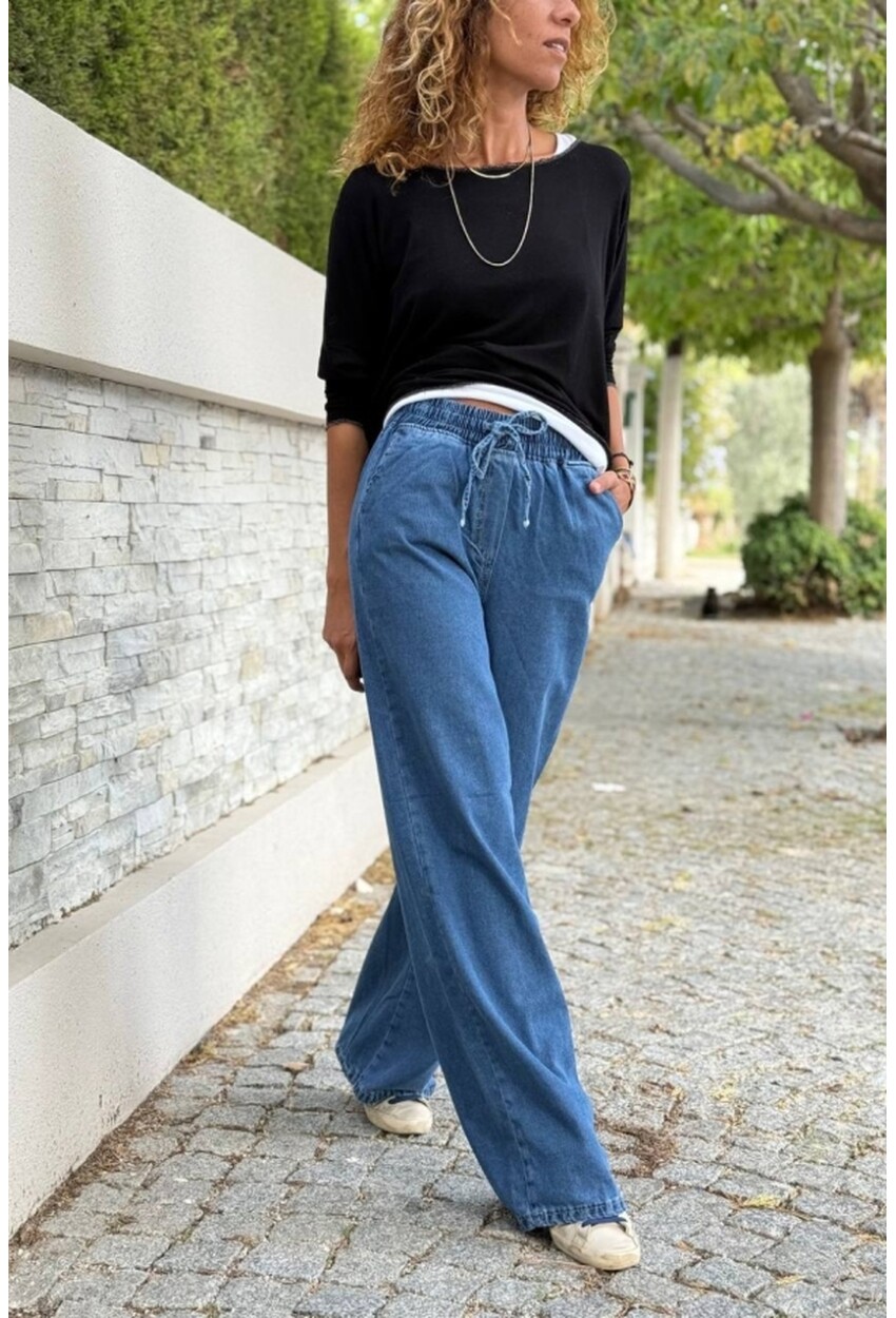 Mavi Beli Lastikli Bol Paça Cepli Yıkamalı Kot Pantolon 100 30